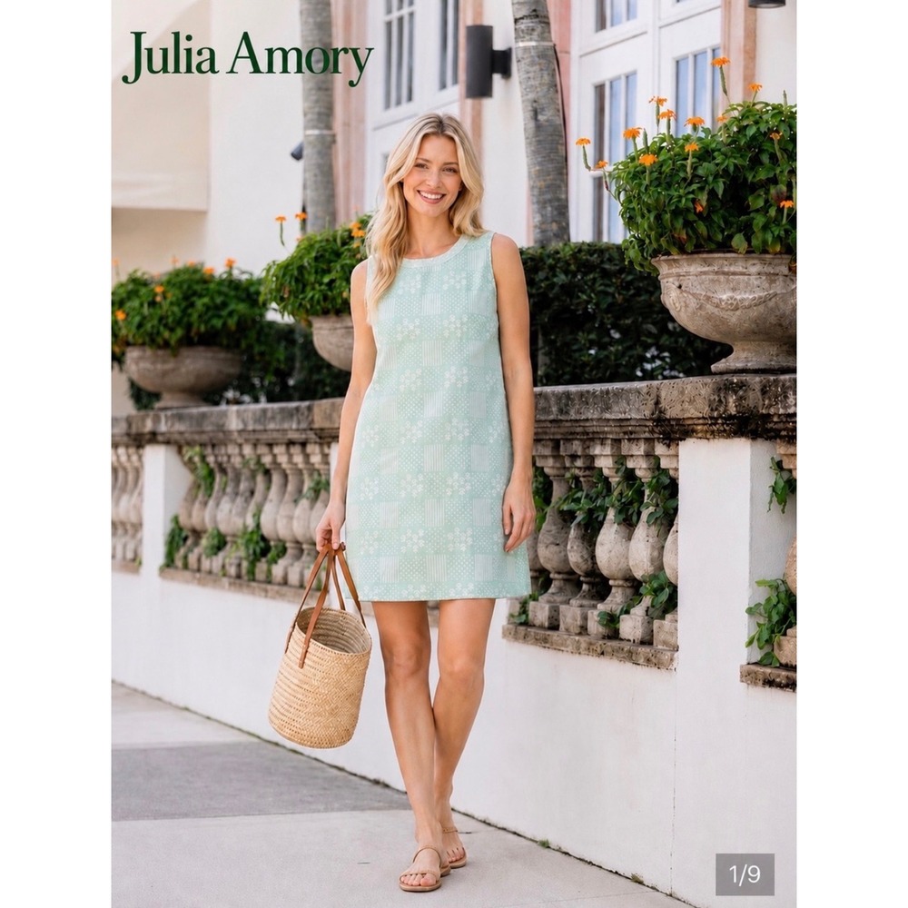 Julia Amory Baby Jane Poplin Green Patchwork Block Print Shift Dress XL $228 NWT